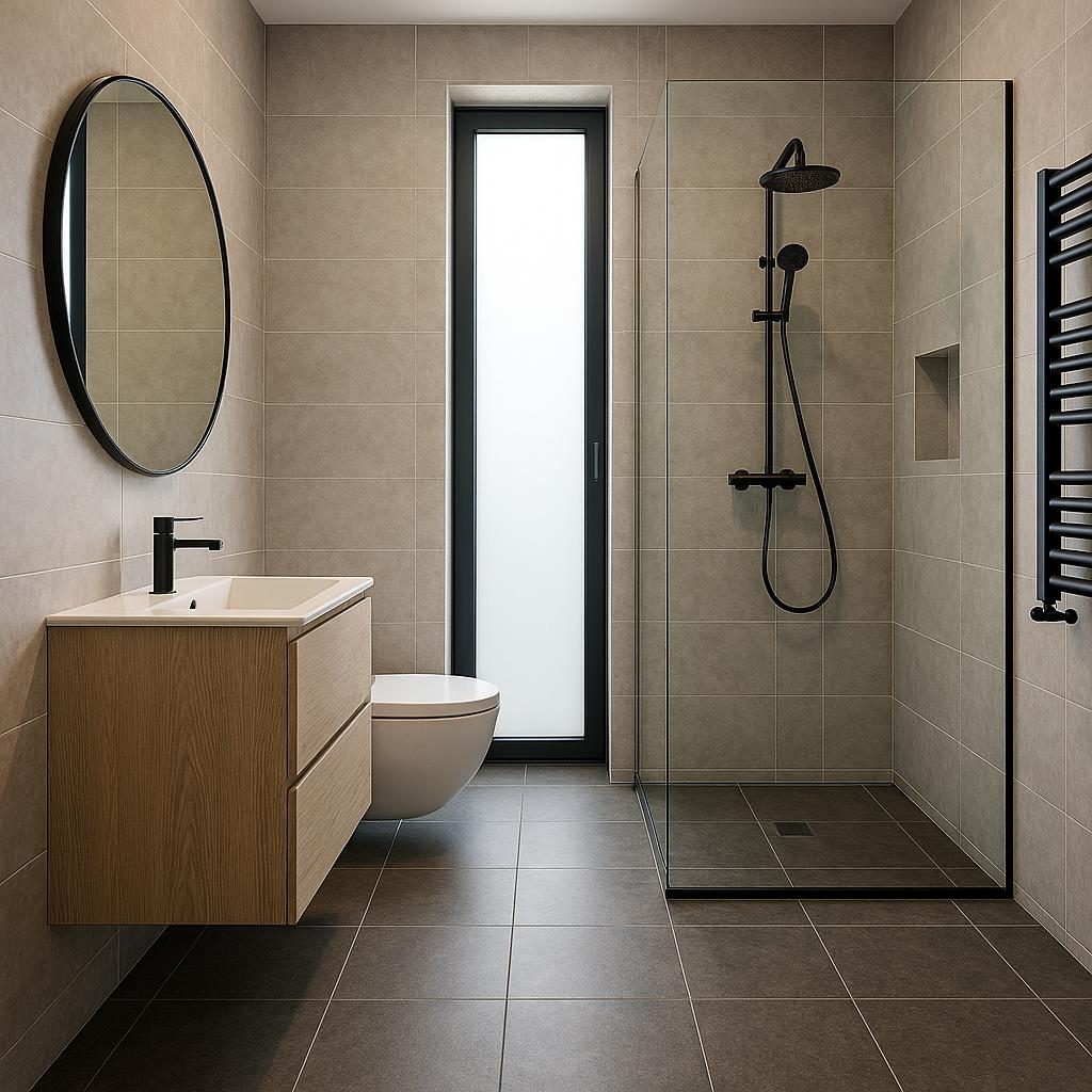 Komplette Badsanierung Modernes Bad mit Holz-Waschtisch, bodengleicher Dusche und Wand-WC in Ihrer Region