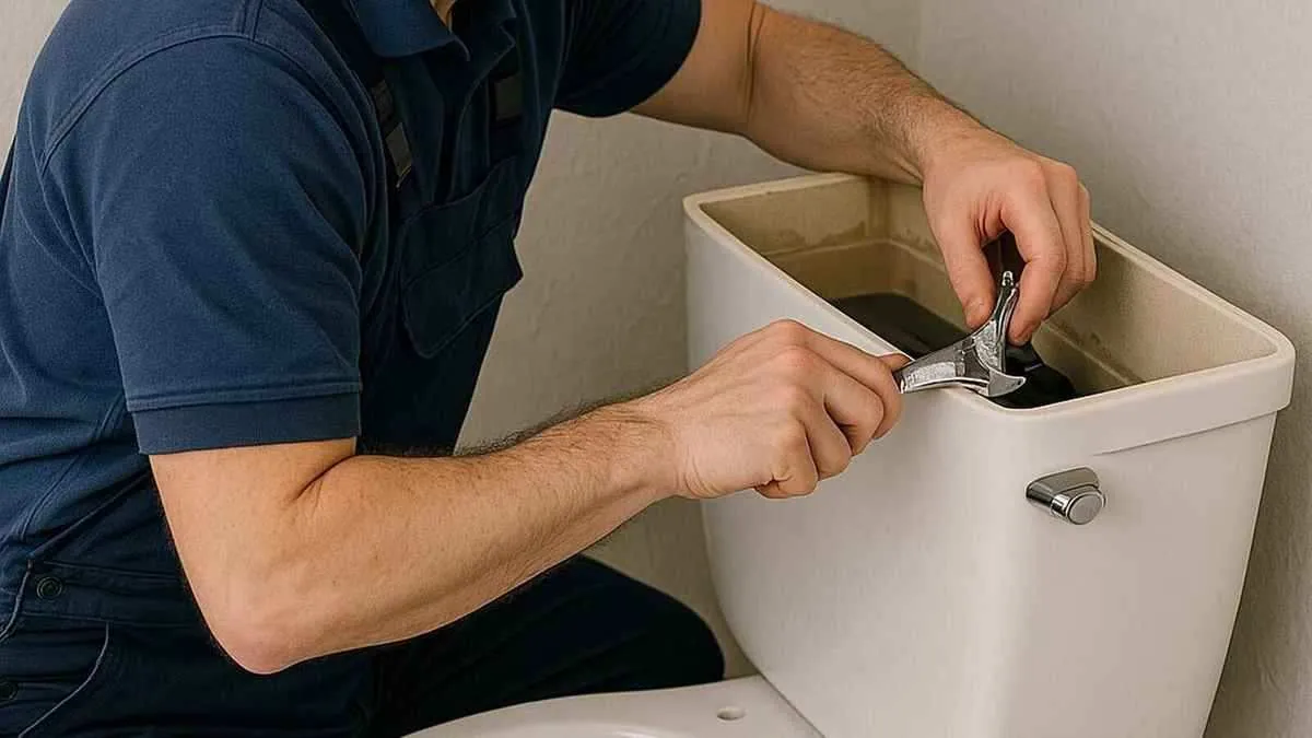 Sanitär-Fachkraft repariert WC-Spülkasten in München – undichte Spülung und Nachlaufen beheben